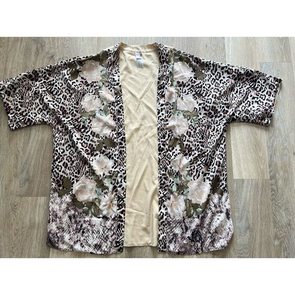 Chicos Kimono Top Womens L/XL Floral Leopard Open Front Short Sleeve Boho Hippie - Picture 1 of 9